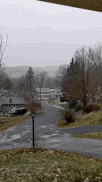 a rainy day in a small town with a few houses in the background