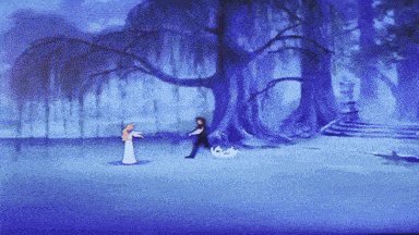 a cartoon scene of a man and a woman in a forest