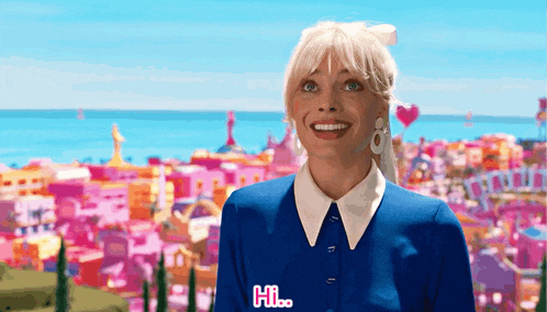 a woman in a blue shirt says hi in pink