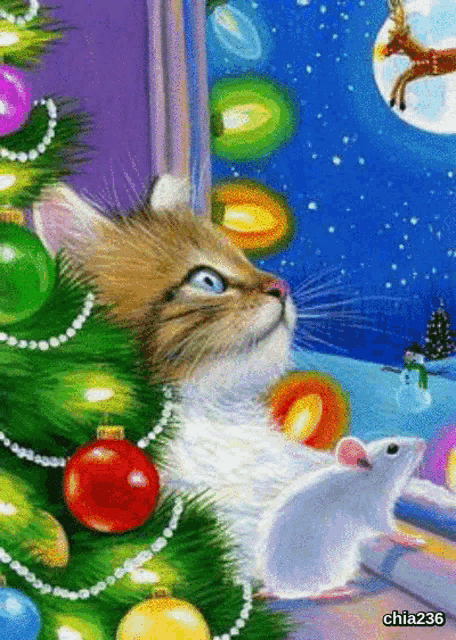 a painting of a cat and a mouse looking out a window at a christmas tree