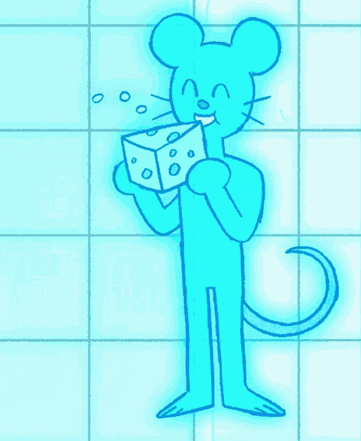 a drawing of a mouse holding a cube of cheese