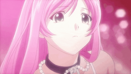 a girl with pink hair is wearing a pearl necklace