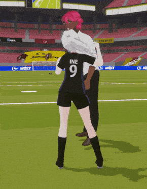 a girl with pink hair and the number 9 on her jersey
