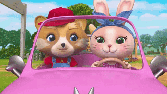 a fox and a rabbit in a pink car