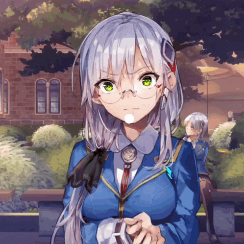 a girl with white hair and green eyes wearing glasses
