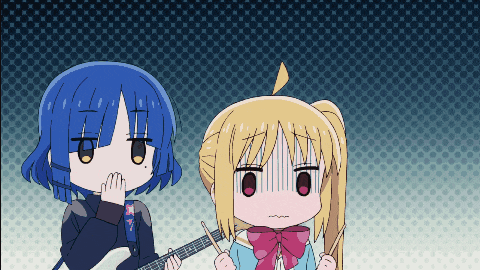 a girl with blue hair is playing a guitar next to another girl