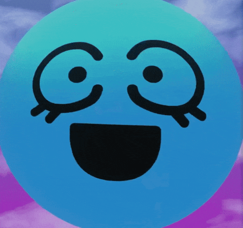 a blue smiley face with black eyes and a big smile
