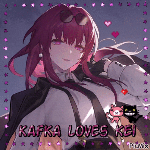 a picture of a girl with the words " kafka loves kei " on it