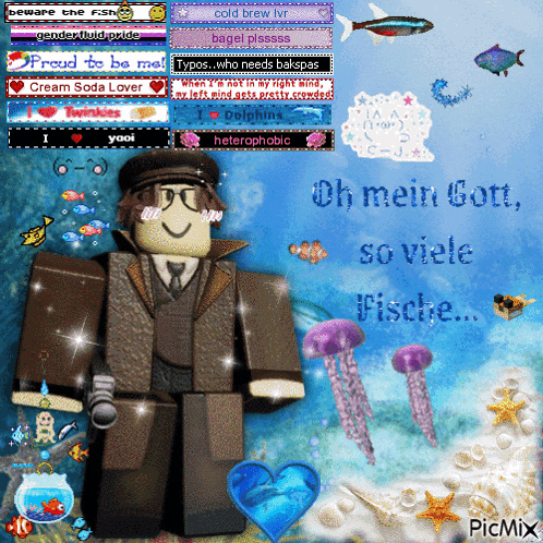 a picture of a roblox character with the words oh mein gott so viele fische on it