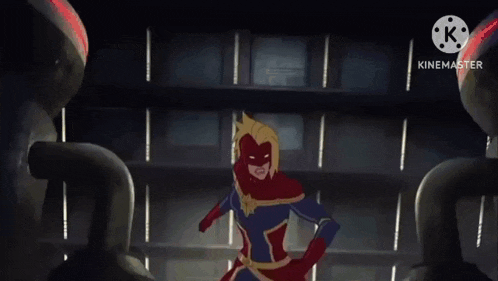 a cartoon of captain marvel standing in a dark room .