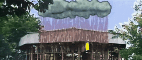 a drawing of a building with a cloud in the sky
