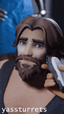 a man with a beard is being shaved with a shaver and the words yassturrets are below him