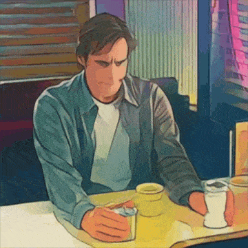 a man sits at a table with a cup of coffee