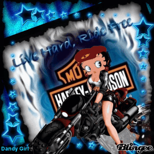 betty boop riding a harley davidson motorcycle with the words live hard ride free