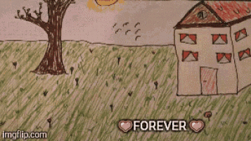 a child 's drawing of a house and a tree with the words " forever " above it