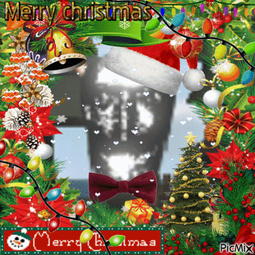 a merry christmas greeting card with a santa hat