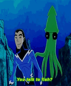 a cartoon of a man standing next to a green squid that says " you talk to fish ? "