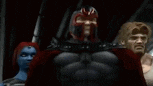 a group of superheros are standing next to each other in a dark room in a video game .