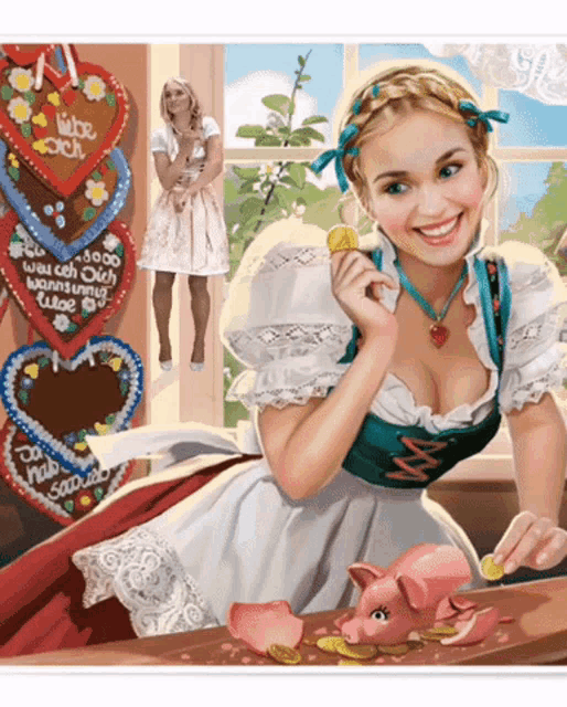 a painting of a woman holding a piggy bank