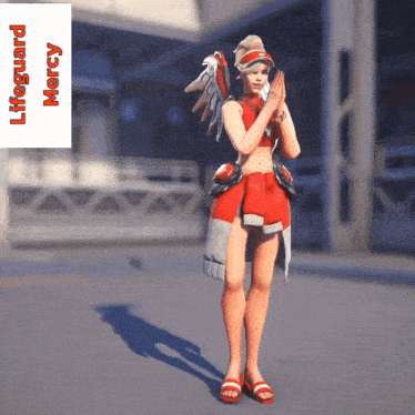 a video game character named mercy is wearing a red outfit