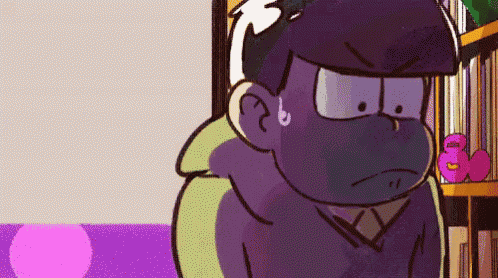 a purple cartoon character is sitting in front of a bookshelf with a pink duck on it .