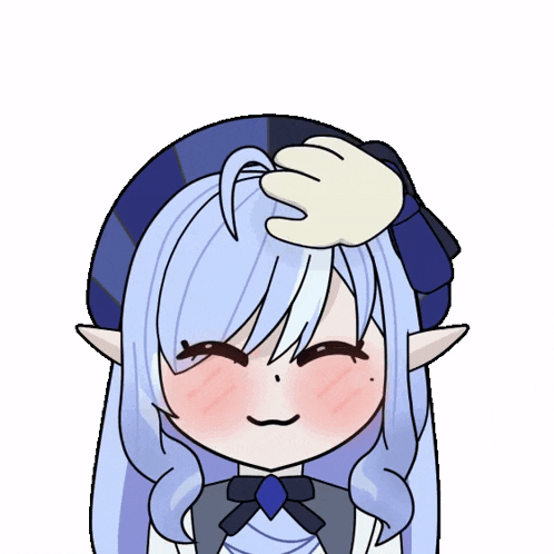 a cartoon of a girl with blue hair and a hand on her head