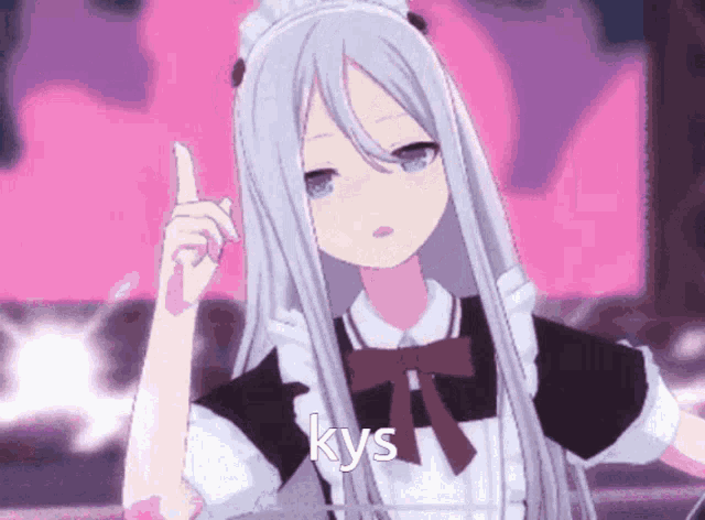 a girl with long white hair is wearing a maid outfit and has the word kys on her face