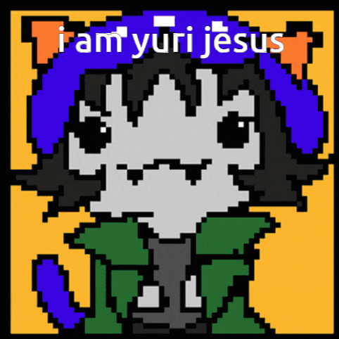 a pixel art of a cat with the words " i am yuri jesus "