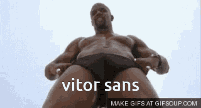 a man without a shirt is shown with the words vitor sans written on the bottom