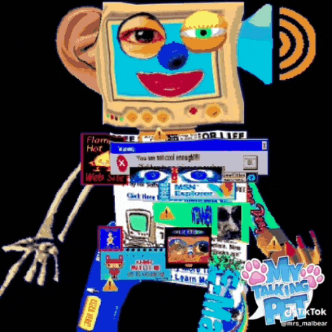 a cartoon of a computer with a face and a skeleton arm .