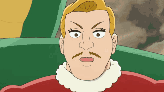 a cartoon drawing of a man with a mustache and a red sweater