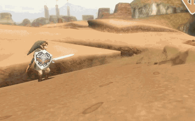 a video game character with a sword and shield is walking through a desert