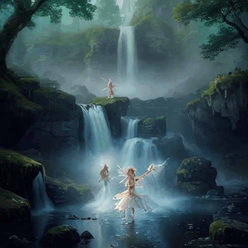 three fairies are dancing in front of a waterfall in a forest .