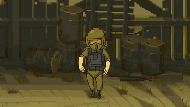 a pixel art drawing of a soldier in a helmet