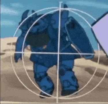 a blue robot is standing in the middle of a circle in the desert .