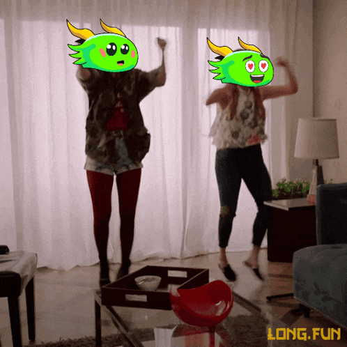 two women are dancing in a living room and the words long fun are on the bottom right