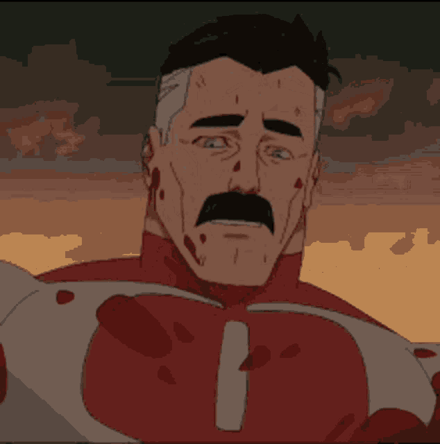 a cartoon of a man with a mustache in a red suit