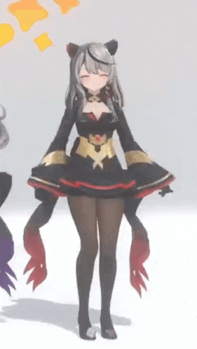 a girl in a black and red dress is standing in front of a yellow star .