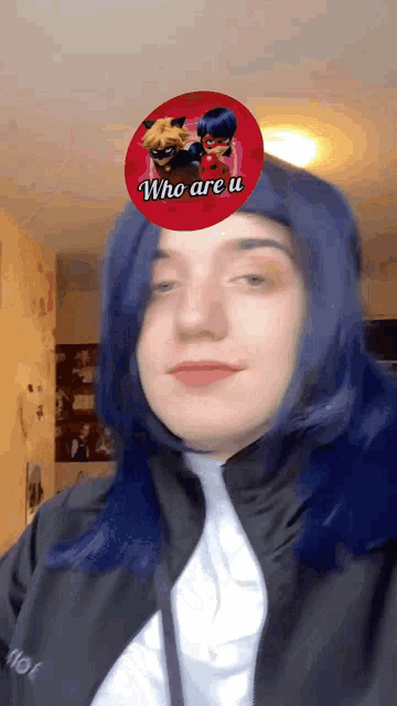 a girl with blue hair is wearing a sticker on her head that says who are u