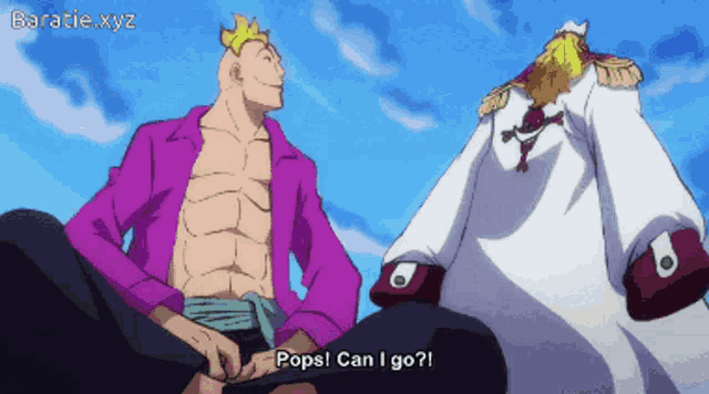 a man in a purple shirt is sitting next to another man in a white shirt and says pops can i go