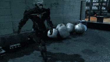a man in a black suit is running in front of a building with a fence around it