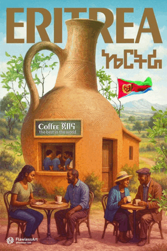 an advertisement for eritrea shows people sitting at tables