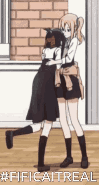 two anime girls hugging each other with the hashtag #fificaitreal