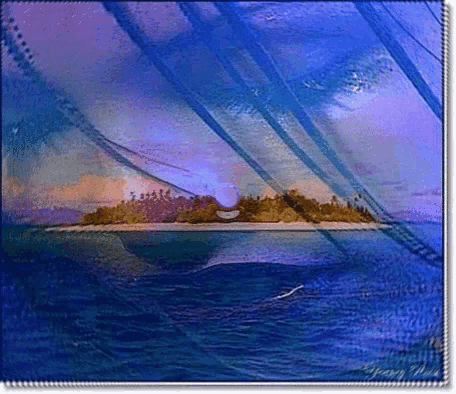 a painting of a small island in the middle of a body of water with a purple background