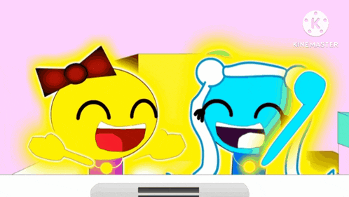 a yellow smiley face and a blue smiley face are standing next to each other and laughing .