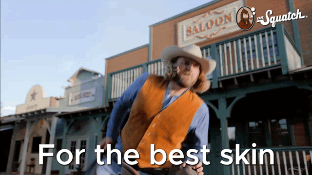 a man in a cowboy outfit stands in front of a saloon with the words " for the best skin " on the bottom