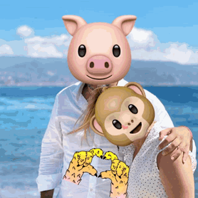a man and a woman with pig and monkey face masks on their faces