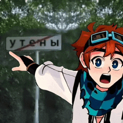 a cartoon character stands in front of a sign that says ' yteh ' on it
