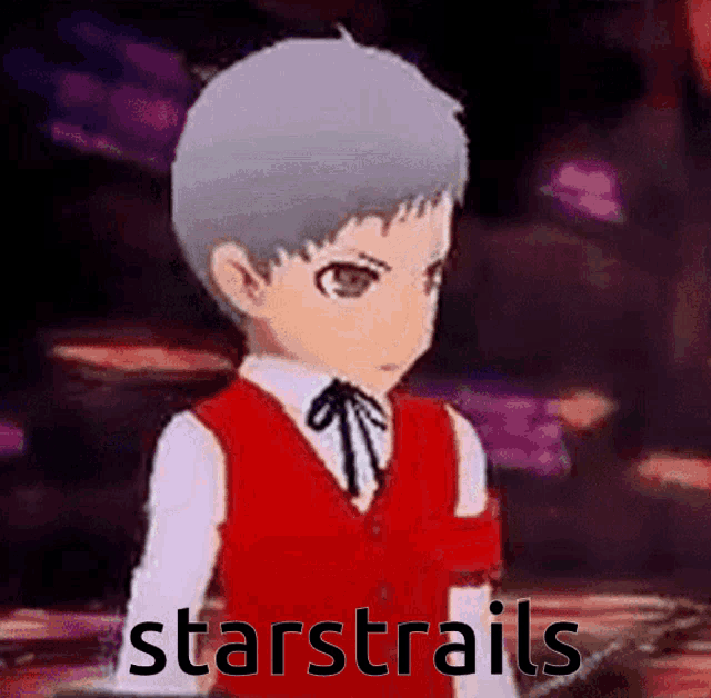 a boy in a red vest and white shirt with the words starstrails below him