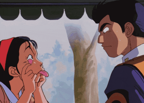 a man and a woman are looking at each other in a cartoon
